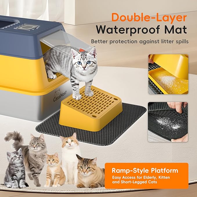 XL Extra Large Stainless Steel Cat Litter Box with Lid, 3-in-1 Enclosed/Open, Durable Metal Litter Box for Big, Multi Cats, Non-Stick, Odor Control, Easy Cleaning, Durable ABS Lid, Yellow