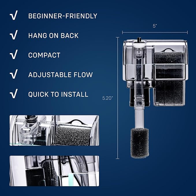 Mighty Aquarium Hang On Back Filter - Aquarium HOB Filter - Adjustable Fish Tank Filter - Aquarium Filters - Nano Aquarium Filter - Fish Aquarium Filter - Hang On Back Aquarium Filter (4-10 Gallons)