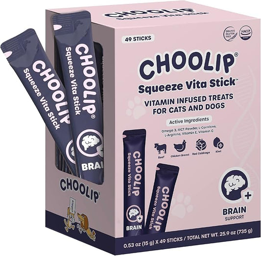 Squeeze Vita Stick Lickable Cat and Dog Treats – 49-Count Brain Support Sticks with Multivitamins, Soft Squeezable Paste for All Life Stages, Supporting Brain Health