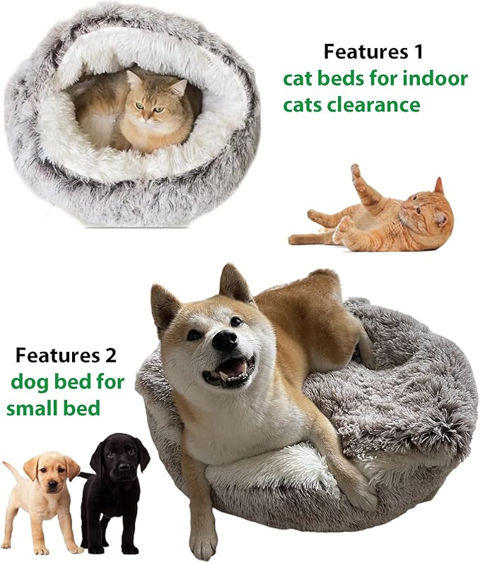 ShinHye Cat Bed Round Plush Fluffy Hooded Cat Bed Cave, Cozy for Indoor Cats or Small Dog beds, Soothing Pet Beds Doughnut Calm Anti-nxiety Dog Bed - Waterproof Bottom Washable (20×20inch, Grey)
