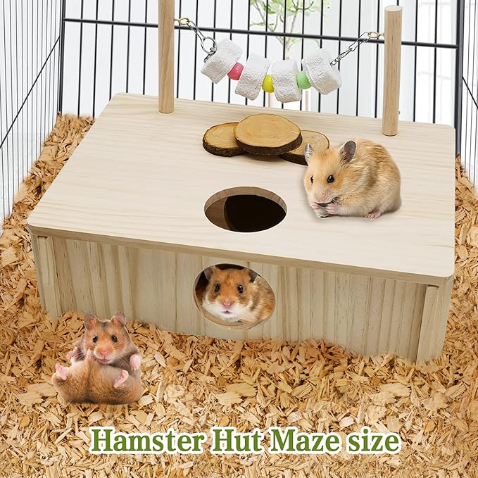 kathson Hamster Multi-Chamber Hideouts, Wooden House Maze Tunnels Exploring Toy Small Animal Activity Sport Playground Platform with Chew Molar Stone Toys for Dwarf Hamster Gerbils Mice Syrian