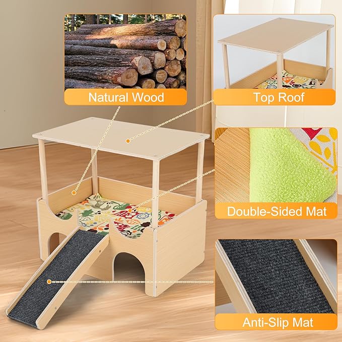 Guinea Pig Hideout Castle 2 Tierd Sturdy Wooden Hamster Castle Detachable Guinea Pig Hideout House with Ramp and Cushion Small Animal House Hut Habitats for Chinchillas Playing Hiding (Double Decker)