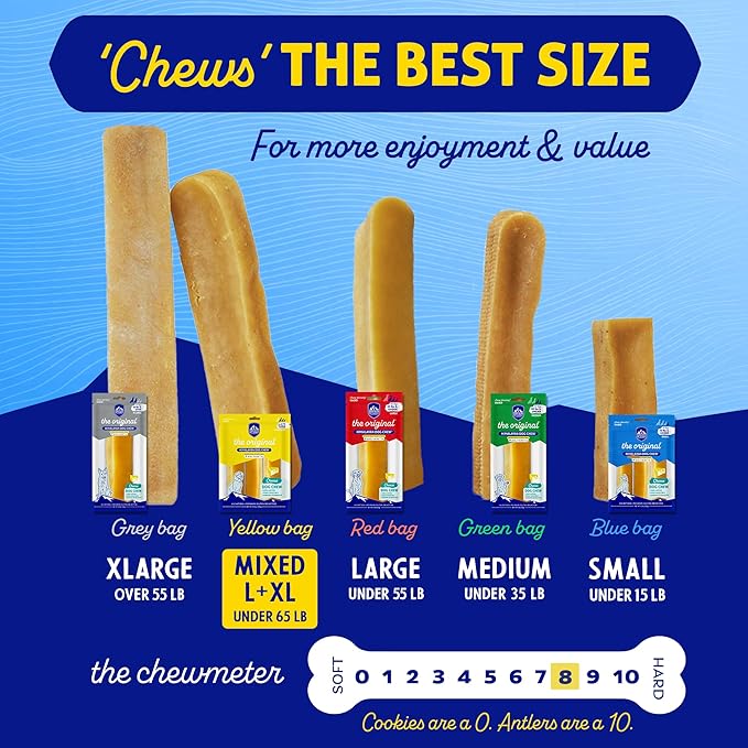 Himalayan Dog Chew Original Yak Cheese Dog Chews, 100% Natural, Long Lasting, Gluten Free, Healthy & Safe Dog Treats, Lactose & Grain Free, Protein Rich, Mixed Sizes, 2 Sticks (521139)