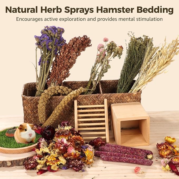 Homaisson Natural Herb Sprays Hamster Bedding, Grain Seed Dried Flowers Hamster Edible Grain Habitat for Dwarf Syrian Gerbils Guinea Pigs, 2