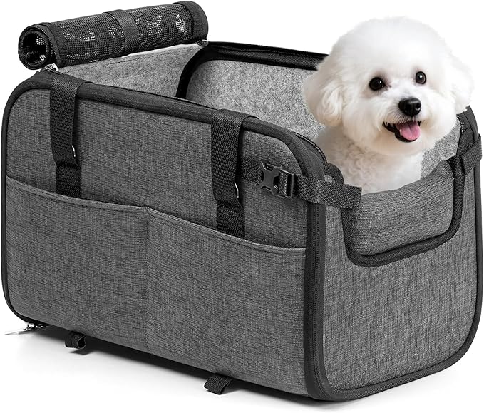 YUDODO Large Dog Car Seat for Center Console (Width＞9.5in) Fits 10-20lbs, Anti-Slip Puppy Cat Travel Portable Booster Seat, Luxury Pet Car Bed Carseat PU Leather Gray