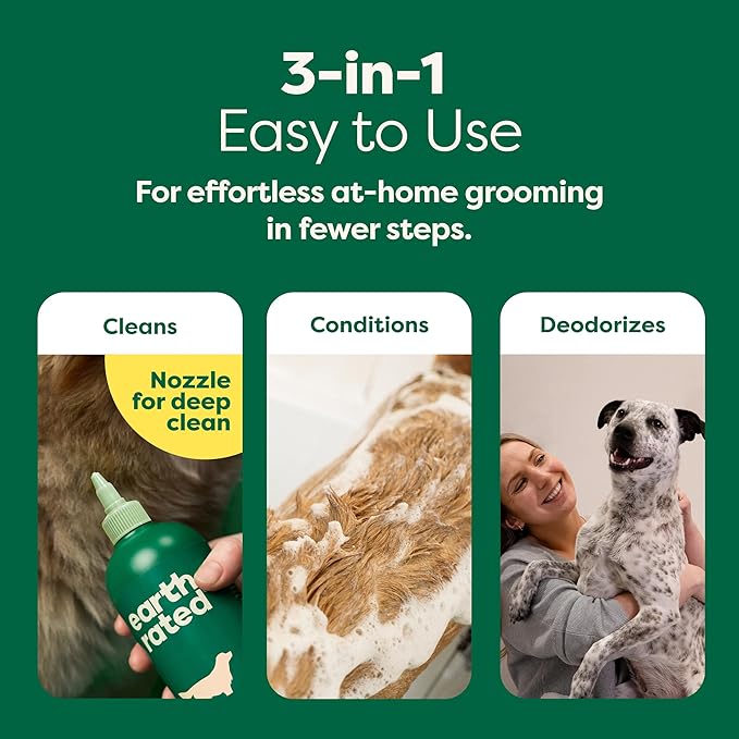 Earth Rated 3-in-1 Deshedding Dog Shampoo and Conditioner, Deodorizing Oatmeal Shampoos for Dogs and Puppies, Great for Smelly Pets, White Tea and Basil Scent, 16 oz
