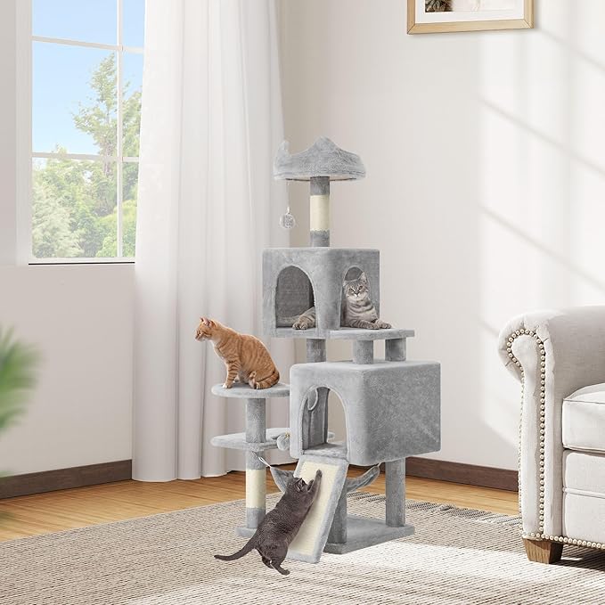 DWVO 54 in Multi-Level Cat Tower: Cats Tree for Indoor Kittens, Pet Furniture with Kitty Condos, Sisal Scratching Posts, Plush Perches, Cozy Hammock, Light Gray