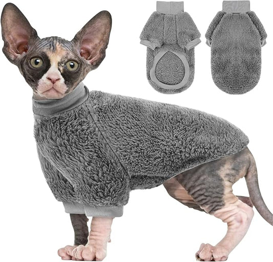 SUNFURA Sphynx Cat Sweater, Hairless Cats Turtleneck Pullover Kitten Sweaters for Cats Only, Warm and Soft Cat Pajamas Shirt with Sleeves Pet Winter Clothes Fleece Jumpsuit for Puppy, Grey L