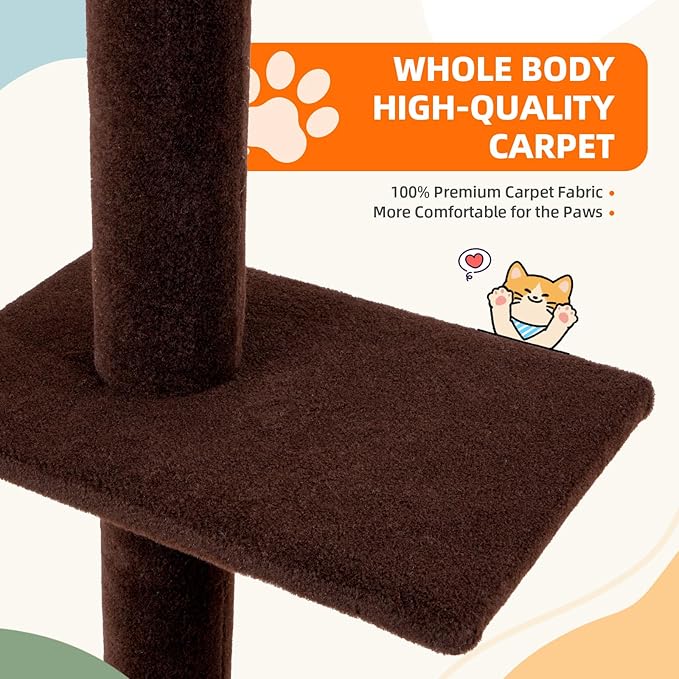 Cat Tree Floor to Ceiling Cat Tower 5-Tier Carpet Kitten Tree Cat Climbing Tower with Adjustable Height 98"-108", Tall Cat Trees with Platforms and Dangling Balls for Indoor Cats, Coffee