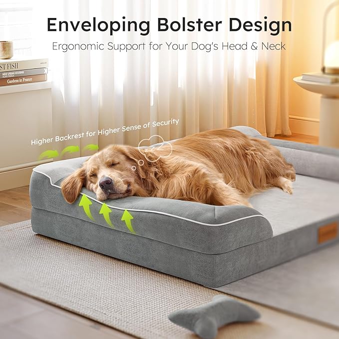 XXL Dog Beds for Extra Large Dogs, Giant Orthopedic Dog Sofa with Cooling Gel Memory Foam, Waterproof Pet Bed with Removable Washable Cover, 53" Pet Sofa Couch Dutch Velvet with Blanket Bone Toy
