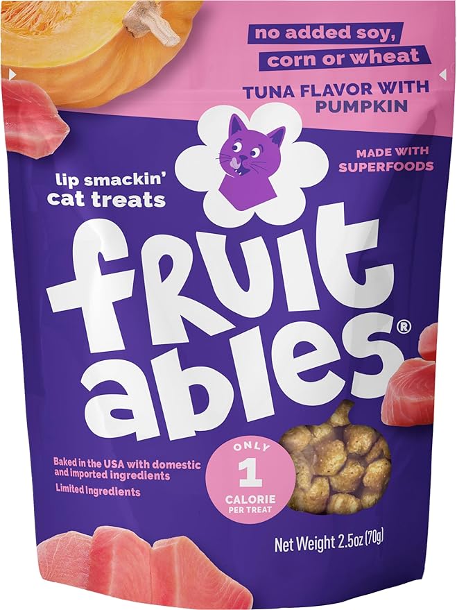 Fruitables Cat Treats, Healthy Treats For Cats, Low Calorie and Packed with Protein, Crunchy Biscuits, Free of Wheat, Corn and Soy, Made with Real Tuna and Pumpkin, 2.5oz