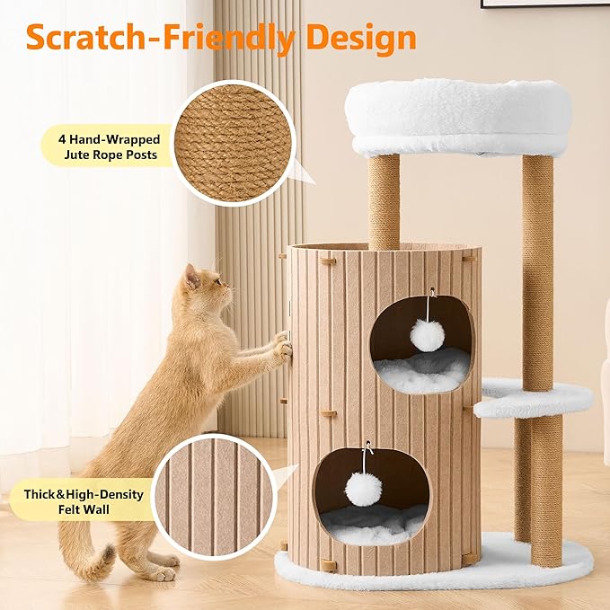 Modern Cat Tree for Indoor Cats Large Adult, 36in H Cat Condo Tower with Scratching Posts, Cozy Cat Bed Cave, Washable Cushions, Dangling Balls, Play&Nap Cat House for All Breeds of Cats, Brown