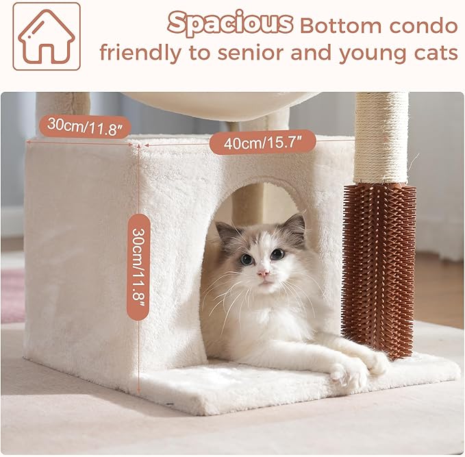 Cat Tree 32 Inches Small Cat Tree for Large Cats Adult Cat Tower with Scratching Post,15.7”Large Hammock and Self Groomer, and Removable Top Perch and Wide Condo for Indoor Cats-Beige