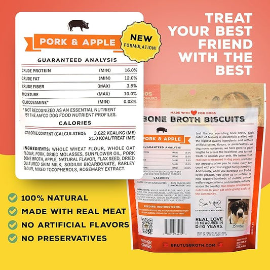 Brutus Bone Broth Biscuits (Pork and Apple) - Natural Treats - Healthy Dog Biscuits with Real Pork, Bone Broth and Apple for Healthy Joints - 18 Grams of Protein - 8 OZ (Pack of 6)