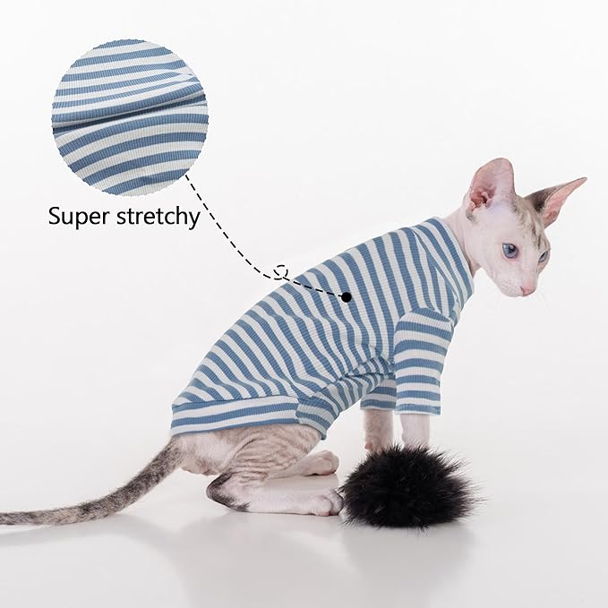 PUMYPOREITY Sphynx Cat Clothes: Soft Hairless Shirt With Sleeves, Stretchy Sweater, Pullover Pajamas Jumpsuit, Turtleneck Outfit for Sphynx Cornish Rex, Devon Rex - Blue, M
