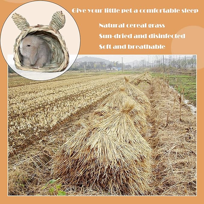 kathson Bunny Grass House Chew Toys Baby Rabbit Hideaway Hut Small Animals Grass Hideout Hand Woven Natural Hay Bedding for Guinea Pig Hamster Chinchilla
