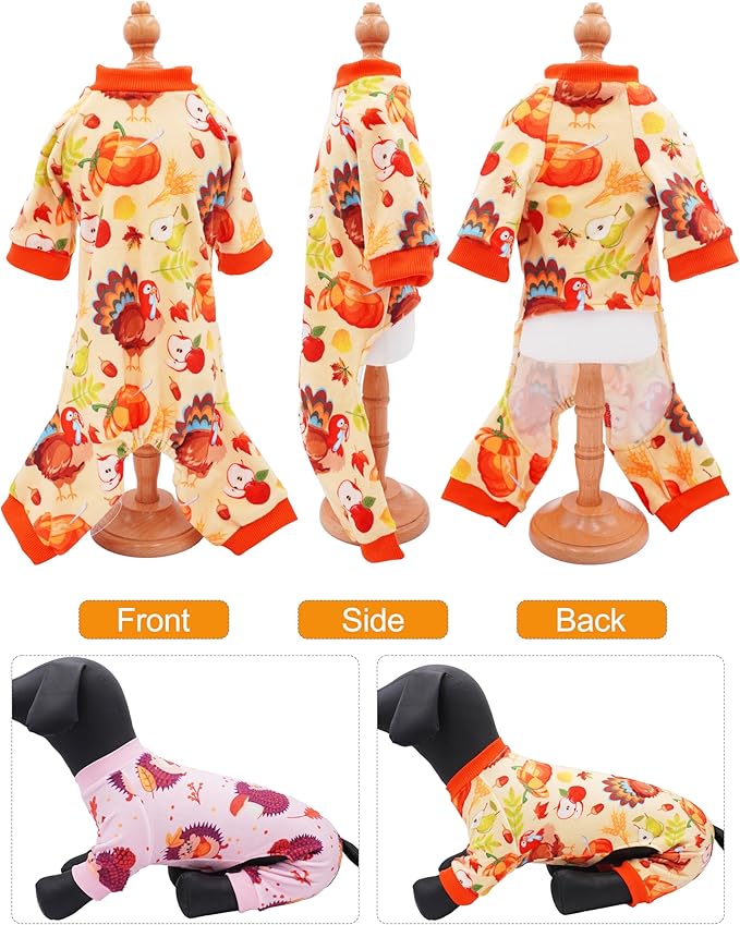 PET SHOW 4 Pack Fall Small Dog Pajamas Thanksgiving Clothes Doggies Girl Boy Soft Stretchy PJs Autumn Jumpsuit Puppy Cats Onesies Outfits with Sleeve Pets Dachshund Costume M