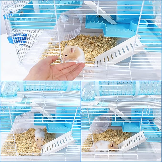 Tfwadmx Dwarf Hamster Cage Small Hamster Habitat Mouse Home Small Animal Cage with Tube Exercise Wheel Hut Rat Habitat for Gerbils Mice 18.5“x11.8”x11.8“ Transparent/Blue