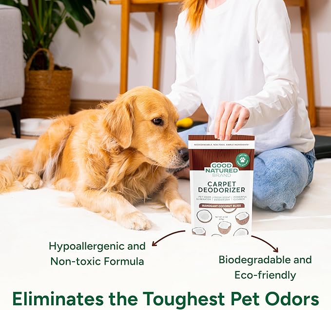Good Natured Brand | Carpet Deodorizer & Freshener Powder | 31 oz Pet Odor Eliminator for Strong Odor & Pet Urine | Fresh Natural Mahogany Coconut Bliss Scent | Safe for Homes with Pets