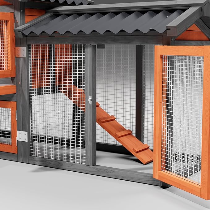 Chicken coop, Chicken Run,Small Wooden Duck Coop Outdoor 2-Tier Hen House All Weather Used Poultry Quail Cage Rabbit Pet Hutch House with Ramp for Small Animals-Expandable Design (Brown with Black)