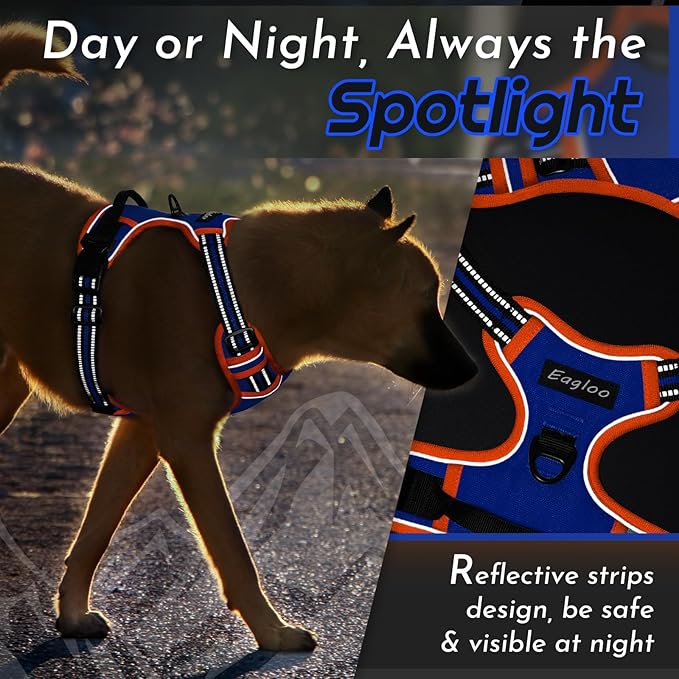 Eagloo Dog Harness for Large Dogs, No Pull Service Vest with Reflective Strips and Control Handle, Adjustable and Comfortable for Walking, No Choke Pet Harness with 2 Metal Rings, Blue & Orange, XL