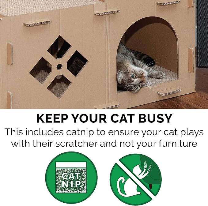 Furhaven Multi-Level Cardboard Cat House w/ Catnip for Indoor Cats, Ft. Scratching Pads & Toys - Townhouse Corrugated Cat Scratcher Hideout - Cardboard Brown, One Size