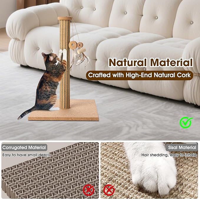 Natural Cork Cat Scratching Post with Feather Toy, 14.2 inch Stable Base, Eco-Friendly Scratch-Safe & Noise-Reducing for Claw Health, Fits Home Decor