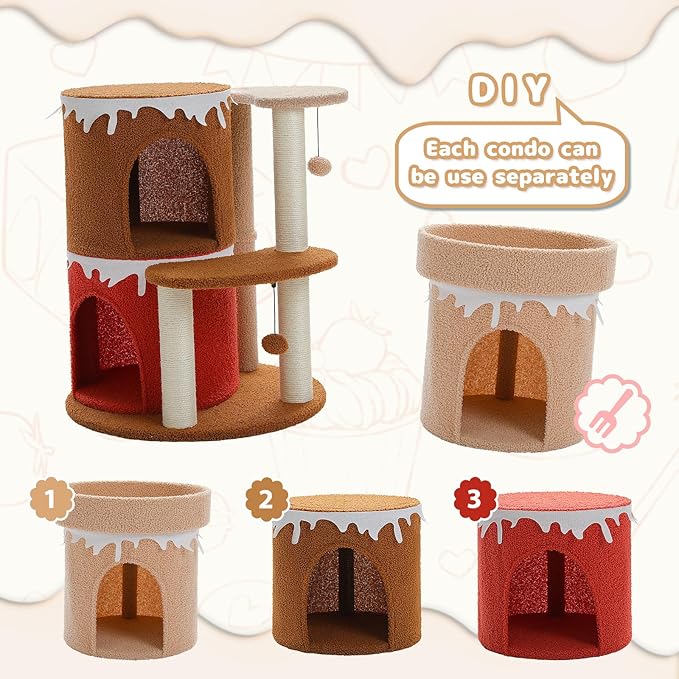 PETEPELA 43'' Cat Tree for Indoor Large Cats, Cat Bed House with 3 Large Cat Condos and Sisal Covered Scratching Posts for Kittens,Browm