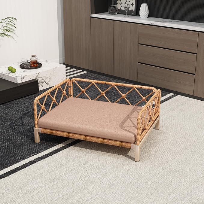 Wicker Dog Bed with 2" Cushion,Rattan Dog Sofa Bed for Small Medium Dogs– Indoor/Outdoor Metal Frame Pet Bed up 66lbs (Brown Rattan Brown Cushion)