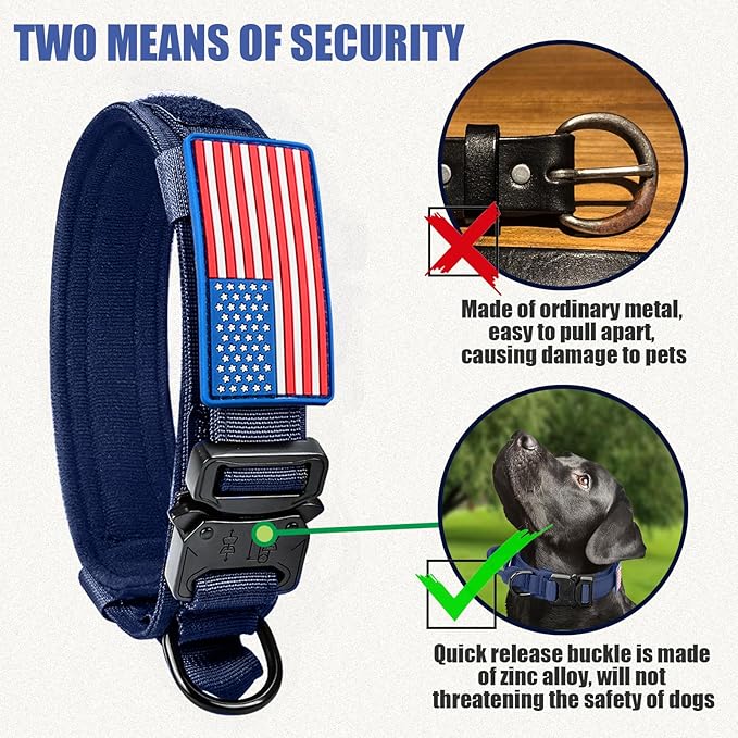 Tactical Dog Collar Military Dog Collar Adjustable Nylon Dog Collar Heavy Duty Metal Buckle with Handle for Dog Training,with Patches (Blue, L)