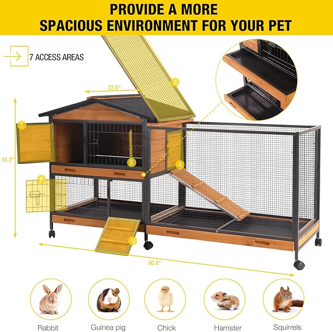 Aivituvin Rabbit Hutch 60.8" Rabbit Cage Indoor Outdoor Guinea Pig Cage on Wheels Bunny Cage with 3 Deep No Leakage Pull Out Tray,Waterproof Roof