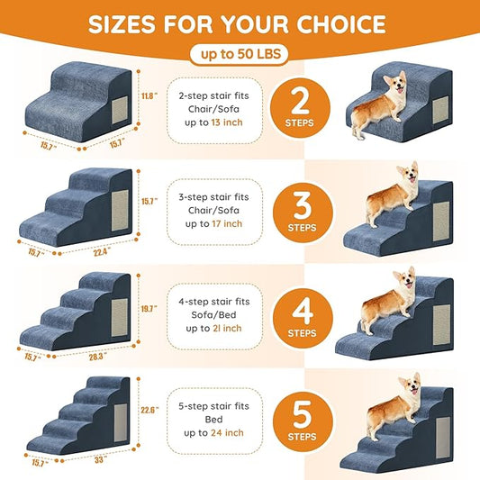 Pet Stairs for Small Dogs - 3-Step Curved Dog Ramp for Bed, Couch, Sofa, Car and Chairs - Non-Slip Bottom Design - High Density Foam Portable Pet Step - Navy