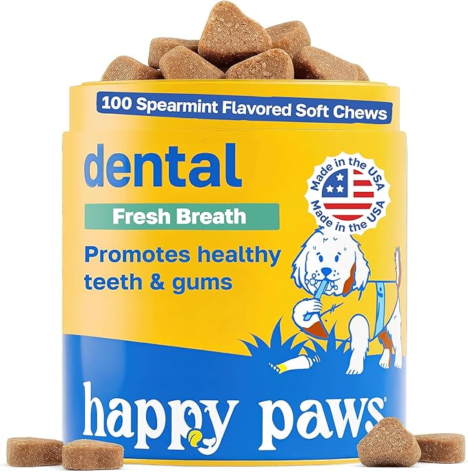 Happy Paws Dental Soft Chew, Dog Breath Freshener & Teeth Cleaning Treats, Oral Care Support for All Breeds, Sizes & Ages, Natural Spearmint Flavor, Organic & Non GMO (100 Chews)