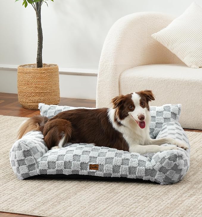MADE 4 PETS Dog Couch Bed, Soft Faux Fur Checkered Indoor Pet Sofa, Comfortable Fluffy Dog Sofa with Supportive Foam, Removable Washable Cover with Non-Slip Base, Gray, Large