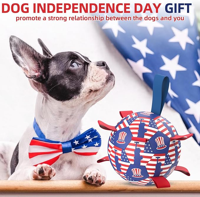 Diman Dog Toy Soccer Ball : Outdoor Dog Toys, Dog's Independence Day Gift, Dogs Soccer Ball with Straps for Tug of War, Pet Birthday Gift for Small Medium (6 Inch)