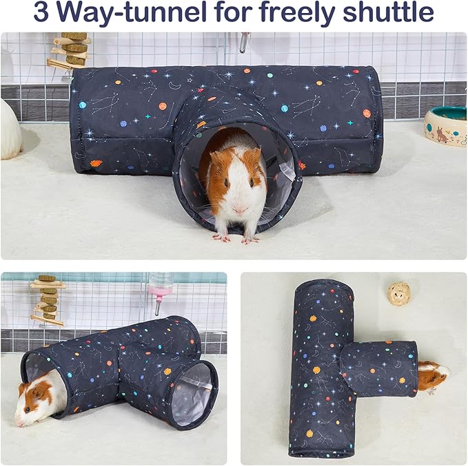 Bienbee Guinea Pig Tunnel, 3 Way Washable Guinea Pig Hideout,Foldable Rabbit Tunnel Guinea Pigs Toys for Bunny Hamster Chinchilla Ferret Rabbit Guinea Pigs Accessories Planets