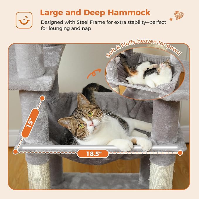 64.5-inch Plush Cat Tree for Indoor Cats with Large Metal Frame Hammock - Multi-Level Cat Tower with 2 Top Perches, 2 Condos, 7 Scratching Posts & Pompoms, Sturdy Pet House Toys, Grey