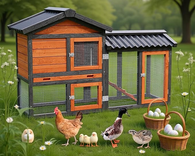 Chicken coop, Chicken Run,Small Wooden Duck Coop Outdoor 2-Tier Hen House All Weather Used Poultry Quail Cage Rabbit Pet Hutch House with Ramp for Small Animals-Expandable Design (Brown with Black)