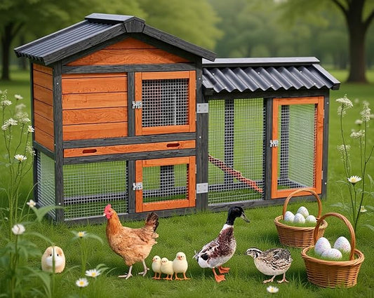 Chicken coop, Chicken Run,Small Wooden Duck Coop Outdoor 2-Tier Hen House All Weather Used Poultry Quail Cage Rabbit Pet Hutch House with Ramp for Small Animals-Expandable Design (Brown with Black)