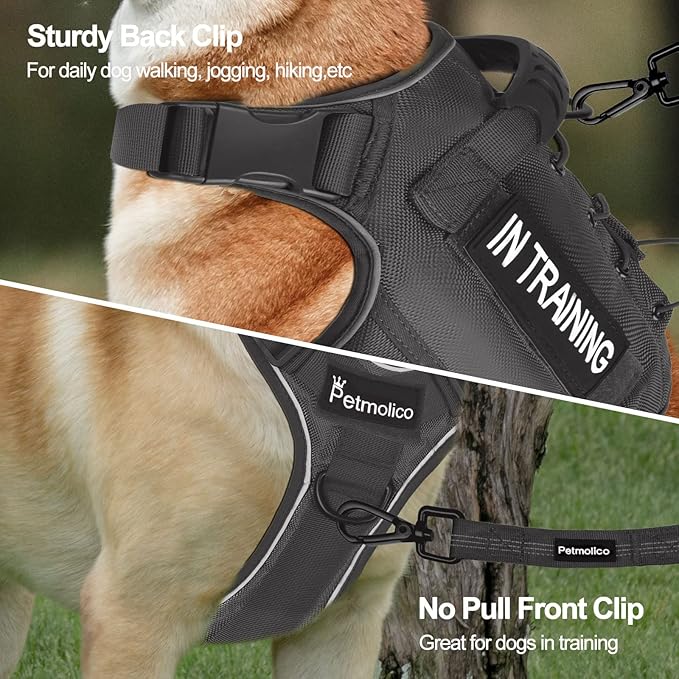 Petmolico Tactical Dog Harness with Leash, No Pull Dog Harness with Hook and Loop Panels for Hiking Training Military Service Dog Harness with Patches for Large Dogs, Black L