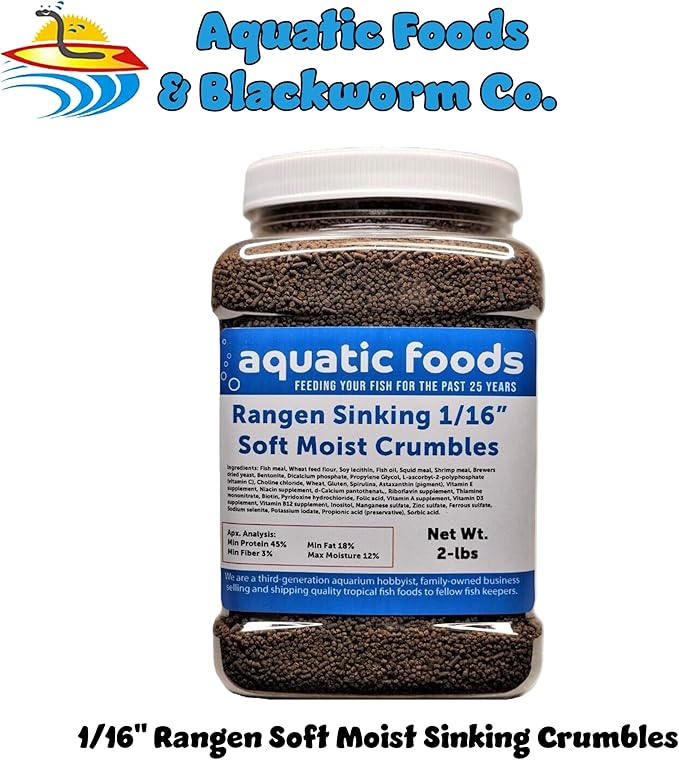 Aquatic Foods Inc. 1/16" Soft Moist Sinking Salmon Crumbles for Baby Axolotls, Shrimp, Snails, Crabs, Small Amphibians, Bottom Tropical Fish ...2-lb Med Jar