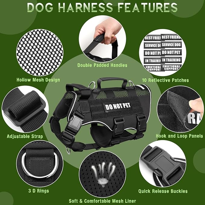 WINSEE Mesh Dog Harness with 10 Pet Patches for Large Service Dog in Training, Breathable Tactical Molle Vest with Double Handle, Reflective Military Pet Vest for Walking Hiking