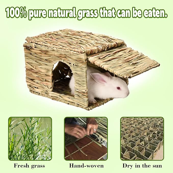 Grass House for Rabbits,Sangle Sopffy,Hand Woven Bunny Grass House,Natural Grass Hideaway for Bunny Guinea Pig Chinchilla Ferret Hamster Squirrel with Rabbit Chew Toys (2 Pack, 10.2*11.4*14.5 inch)