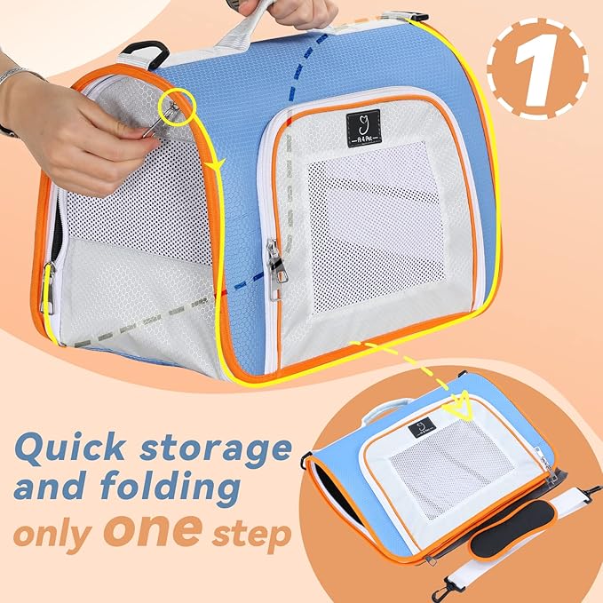 A4Pet Pet Carrier Airline Approved, Suitable for Cats, Puppies Under 18 lbs, Easy On The Go, Easy to Stow, Soft-Sided Pet Travel Carrier, 17" L x 11" W x 11" H, Blue & Orange