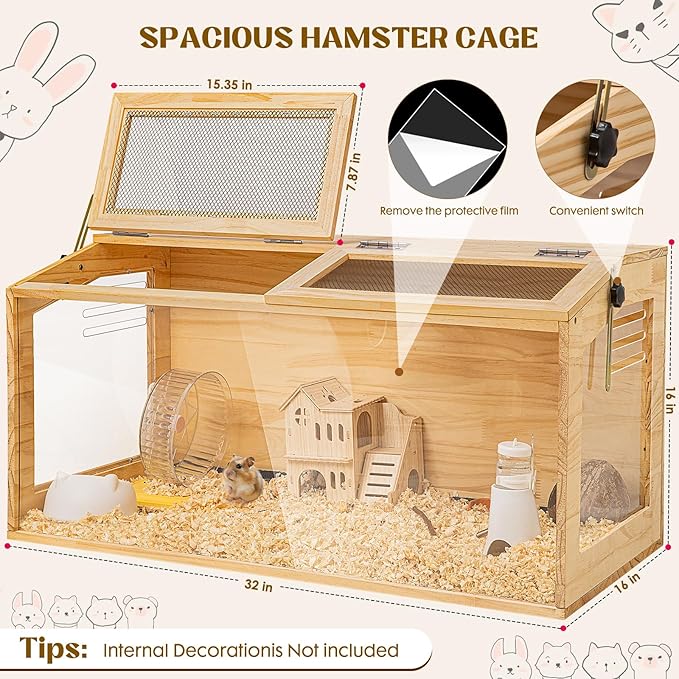 Hamster Cage 32" Wooden Chewproof, 270° View Large Habitat with Bite-Proof Metal Mesh & Top Dual Access Doors, Acrylic Sheets & Solid Build for Dwarf Syrian Hamsters/Gerbils/Guinea Pigs/Chinchillas