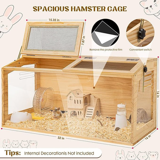 Hamster Cage 32" Wooden Chewproof, 270° View Large Habitat with Bite-Proof Metal Mesh & Top Dual Access Doors, Acrylic Sheets & Solid Build for Dwarf Syrian Hamsters/Gerbils/Guinea Pigs/Chinchillas