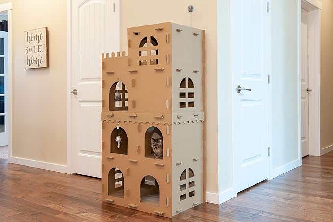 Furhaven Multi-Level Cardboard Cat Condo w/ Catnip for Indoor Cats, Ft. Scratching Pads & Toys - High Castle Tower Corrugated Cat Scratcher Hideout - Cardboard Brown, One Size