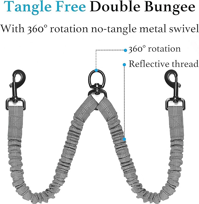 iYoShop Dual Dog Leash - 360° Swivel, No Tangle Walking Leash with Shock Absorbing Bungee for Two Dogs (Large, 25-150 lbs, Grey)