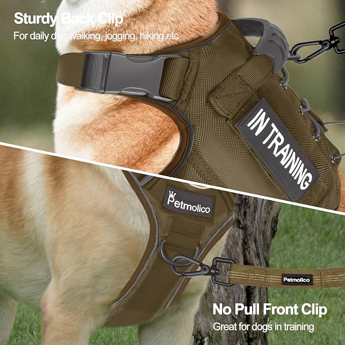 Petmolico Tactical Dog Harness with Leash, No Pull Dog Harness with Hook and Loop Panels for Hiking Training Military Service Dog Harness with Patches for Medium Dogs, Brown M