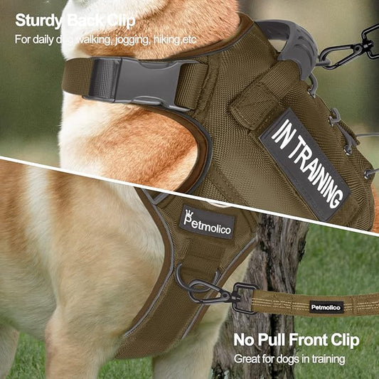 Petmolico Tactical Dog Harness with Leash, No Pull Dog Harness with Hook and Loop Panels for Hiking Training Military Service Dog Harness with Patches for Medium Dogs, Brown M